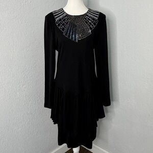 Vintage 80s NUIT Beaded Cocktail‎ Dress Black Art Deco Egyptian Drop Waist Sz 14